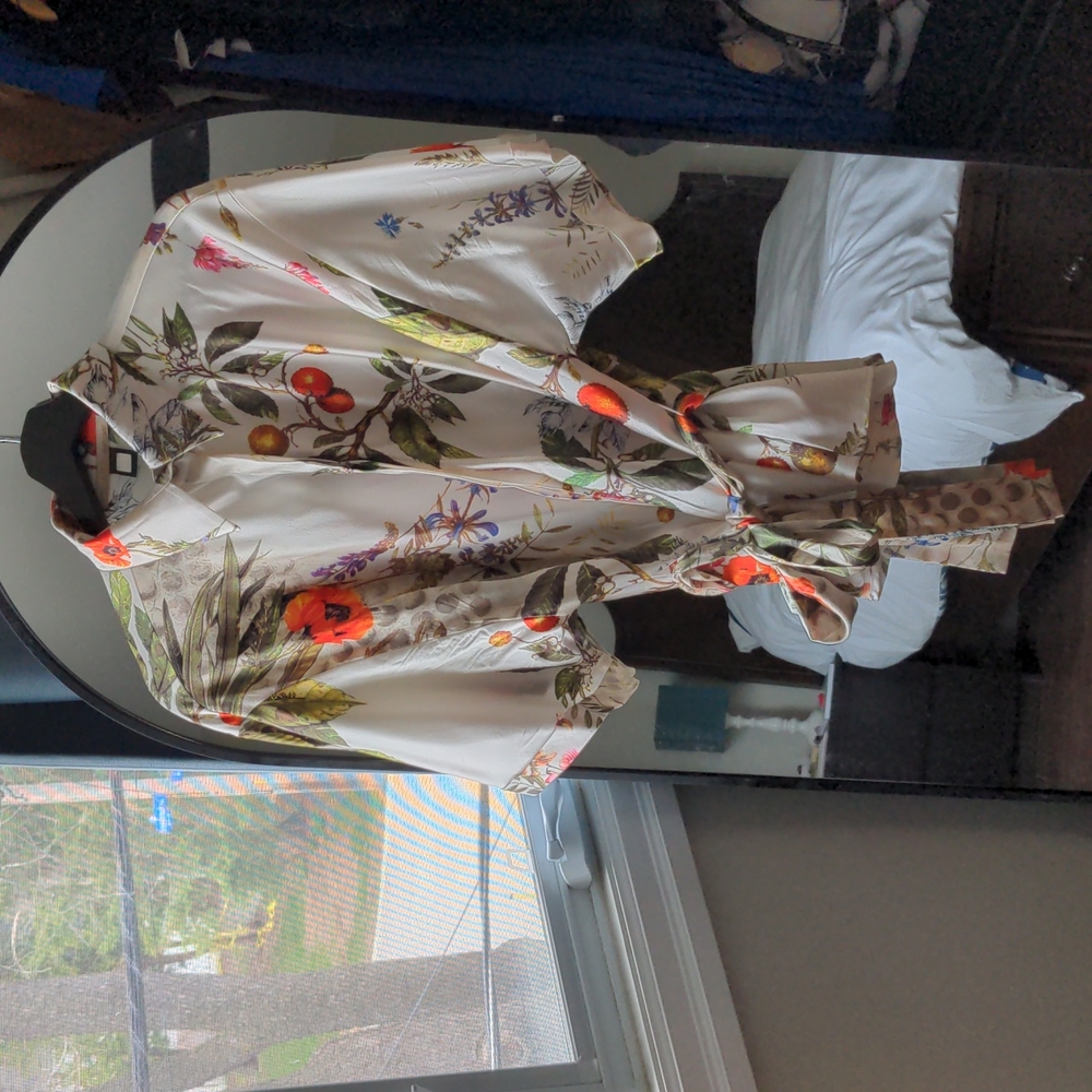 Roberto Cavalli kimono top / belted floral silk blouse / Class Cavalli
